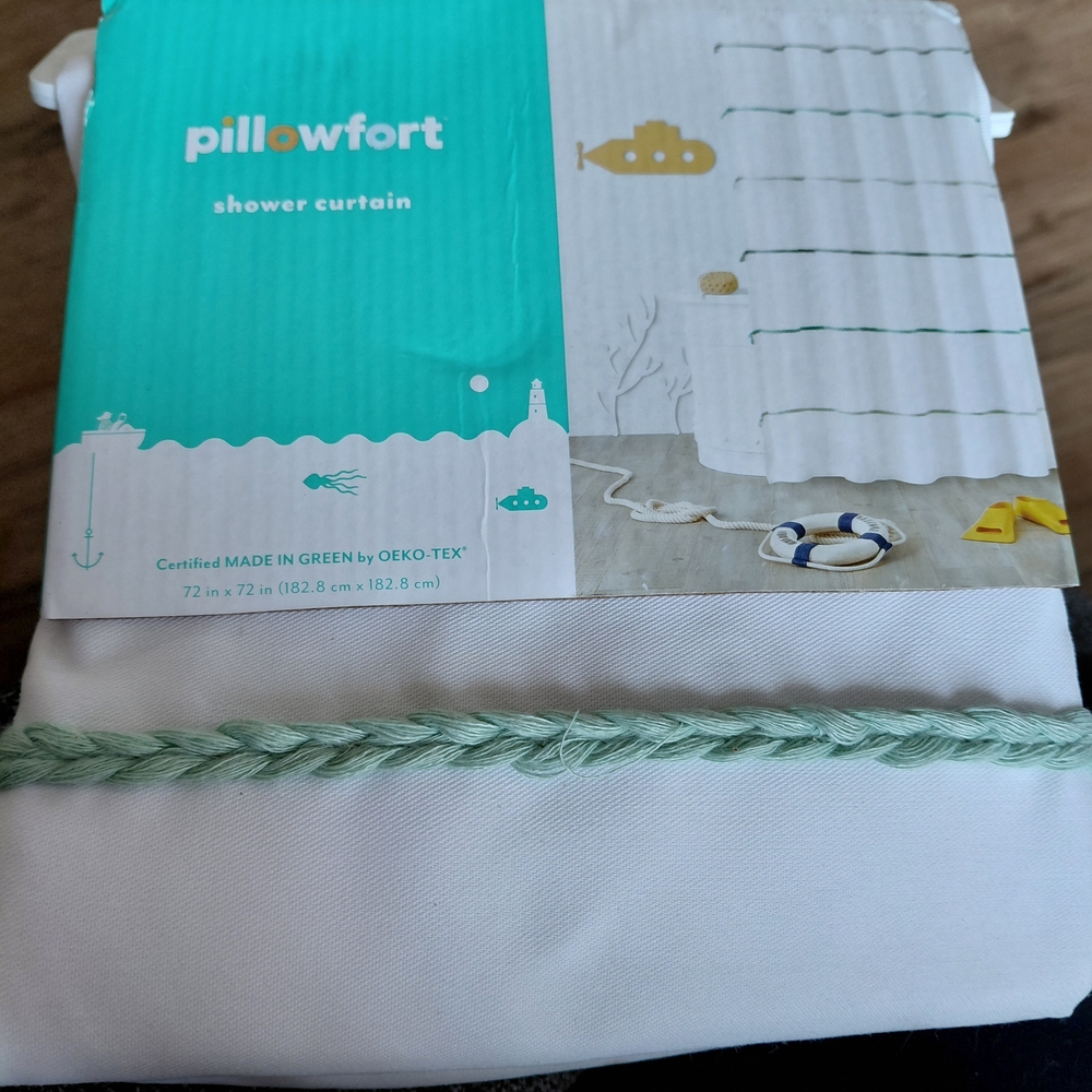 Pillowfort White Shower Curtain with Green and Yellow Details
